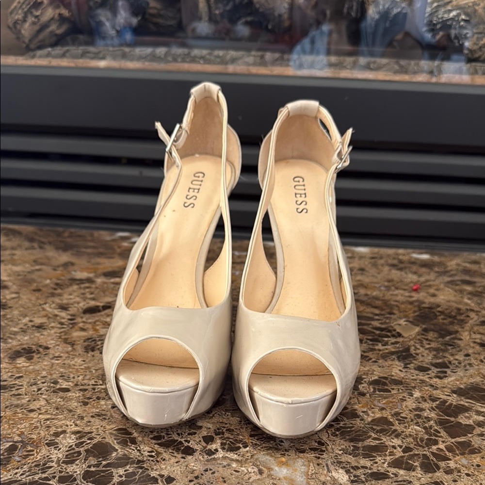 Guess Cream Peep Toe Block Heels